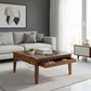 WOODEN COFFEE TABLE WITH GLASS TOP AND STORAGE DRAWER
