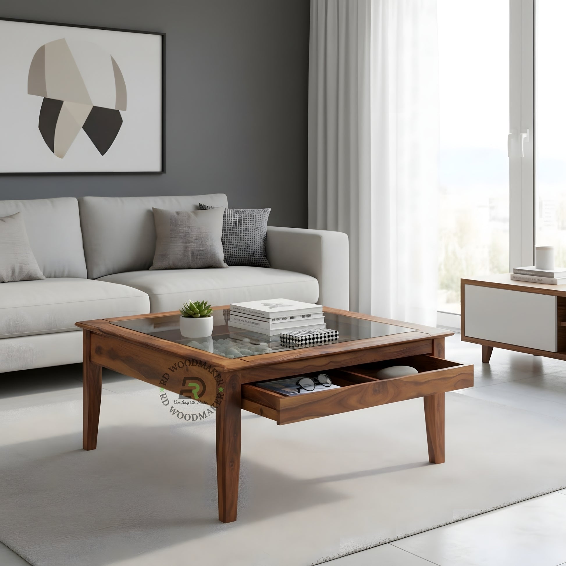 WOODEN COFFEE TABLE WITH GLASS TOP AND STORAGE DRAWER
