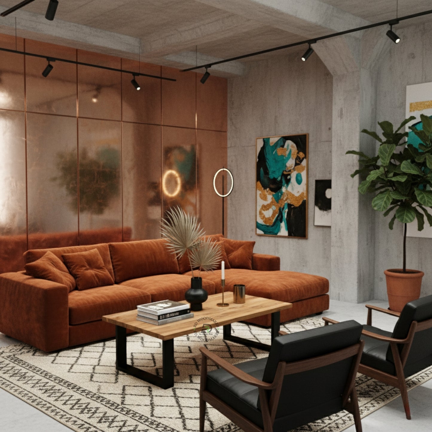 INDUSTRIAL WOODEN COFFEE TABLE WITH METAL LEGS