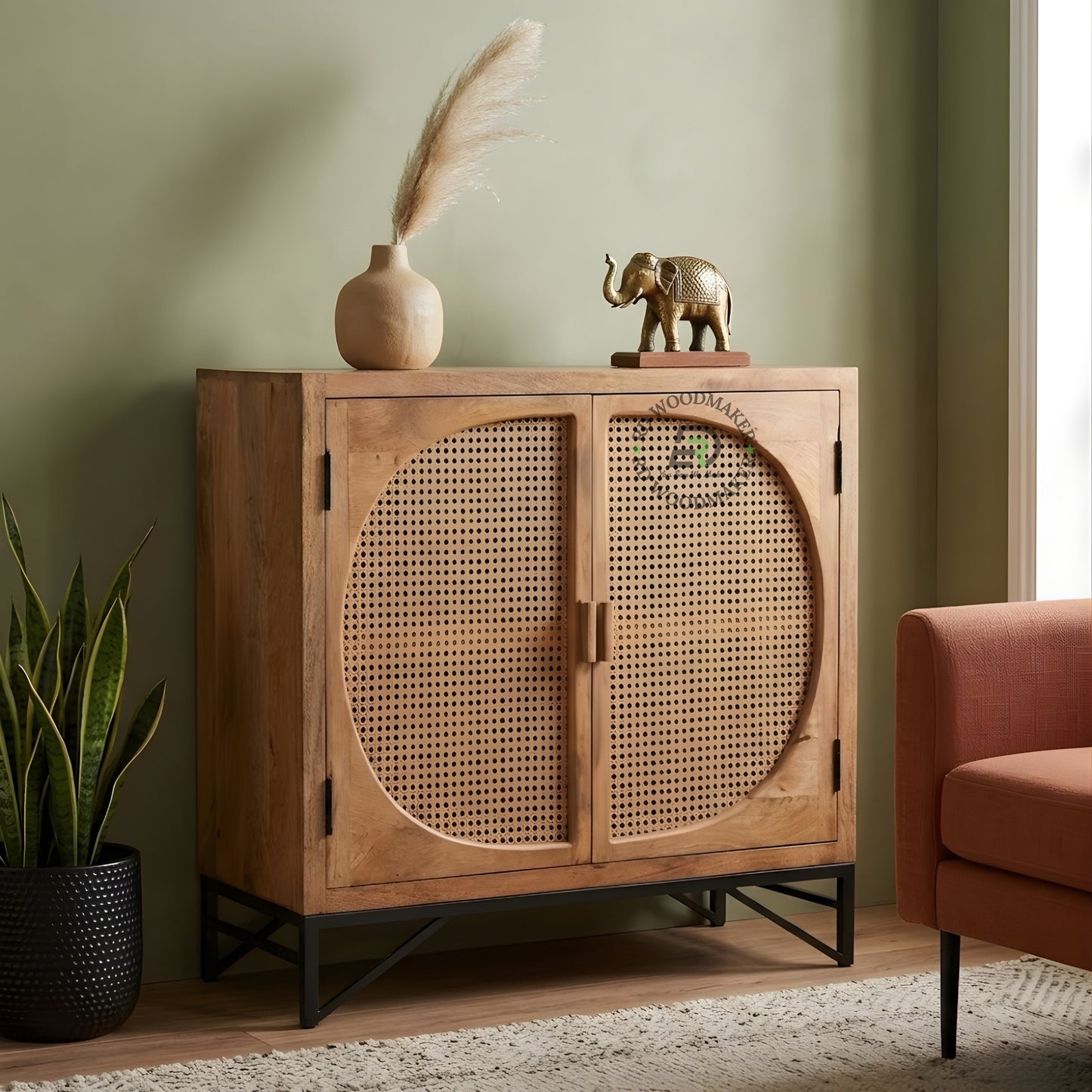 CANE PANEL METAL BASE WOODEN CABINET