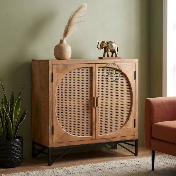 CANE PANEL METAL BASE WOODEN CABINET
