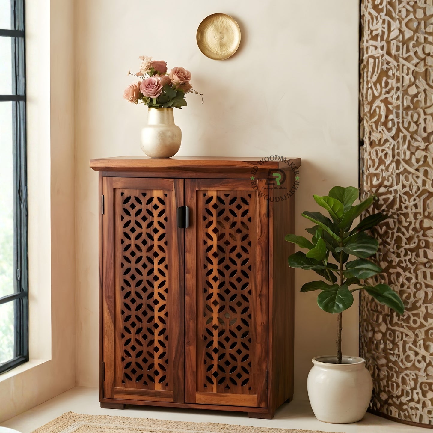 HANDCARVED FLORAL PATTERN WOODEN CABINET