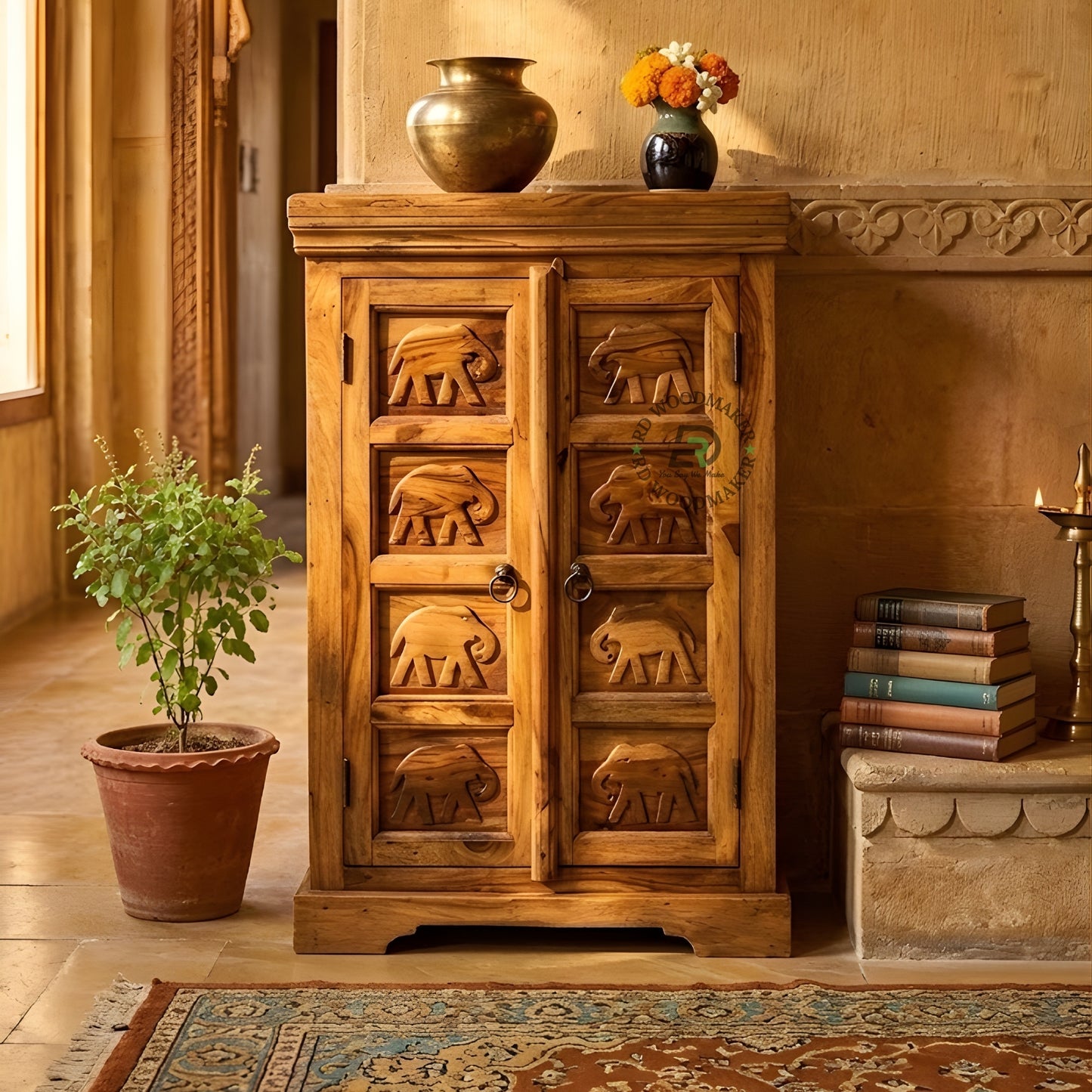 HANDCARVED ELEPHANT PANEL WOODEN CABINET