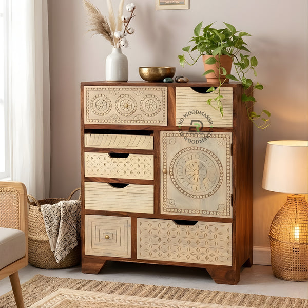 HANDCRAFTED MULTI DRAWER CARVED STORAGE CABINET