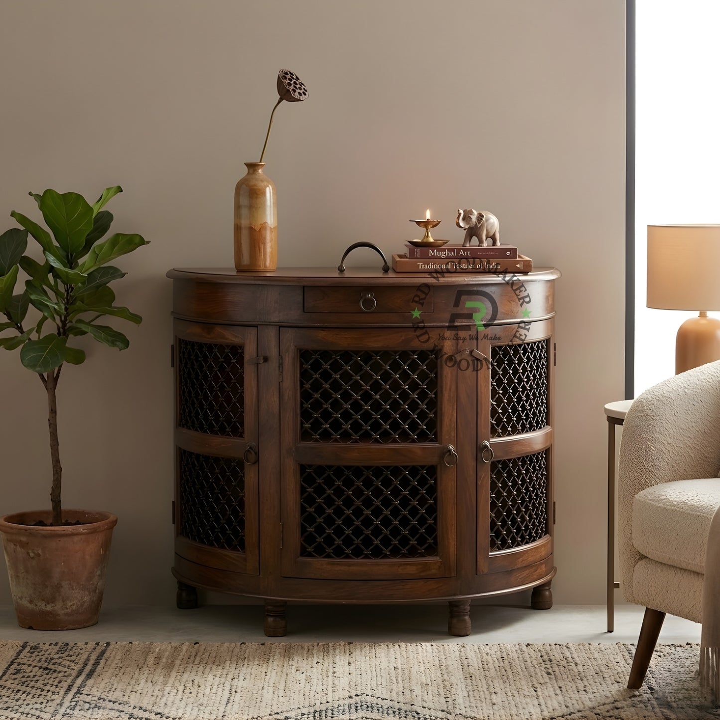 CURVED MESH DOOR WOODEN CABINET