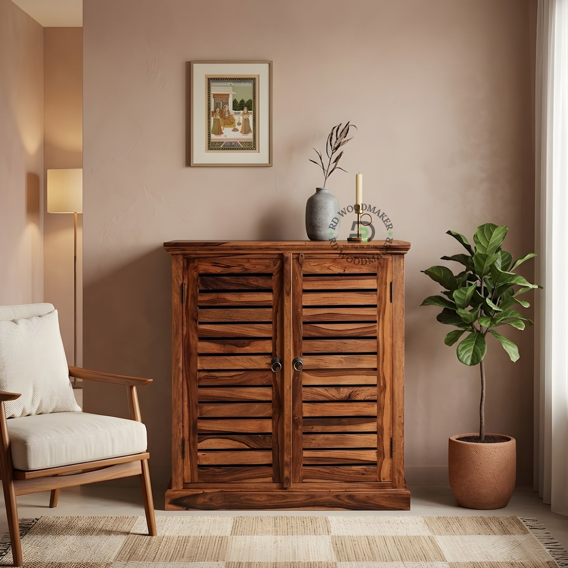 RUSTIC SLATTED WOOD DOUBLE DOOR CABINET
