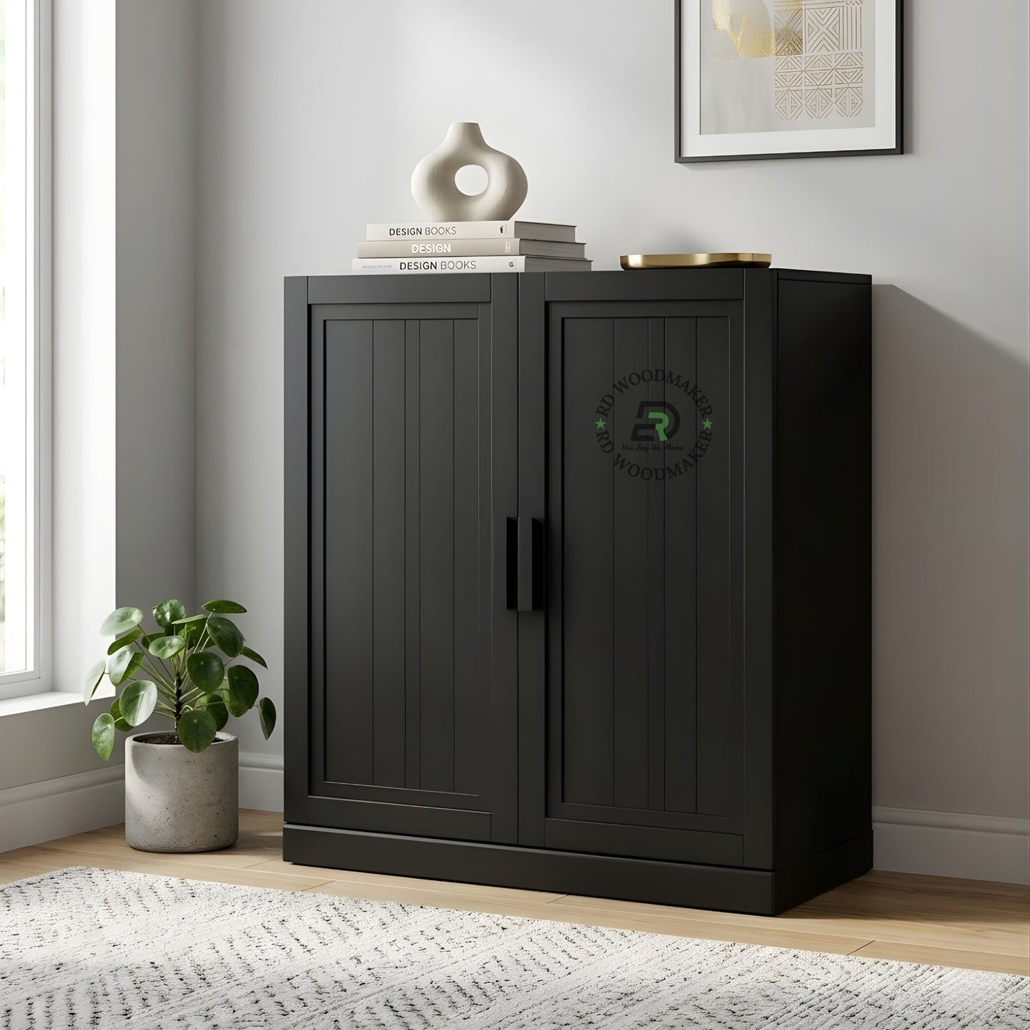 MODERN FLUTED BLACK WOODEN CABINET