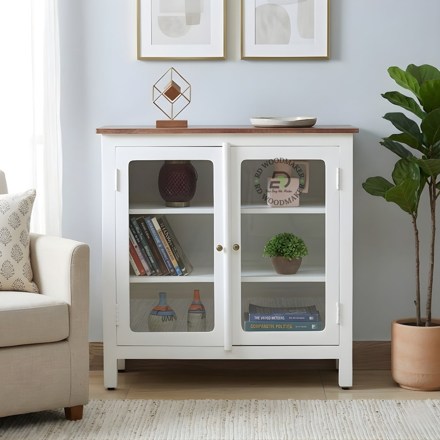 WHITE GLASS DOOR WOODEN STORAGE CABINET