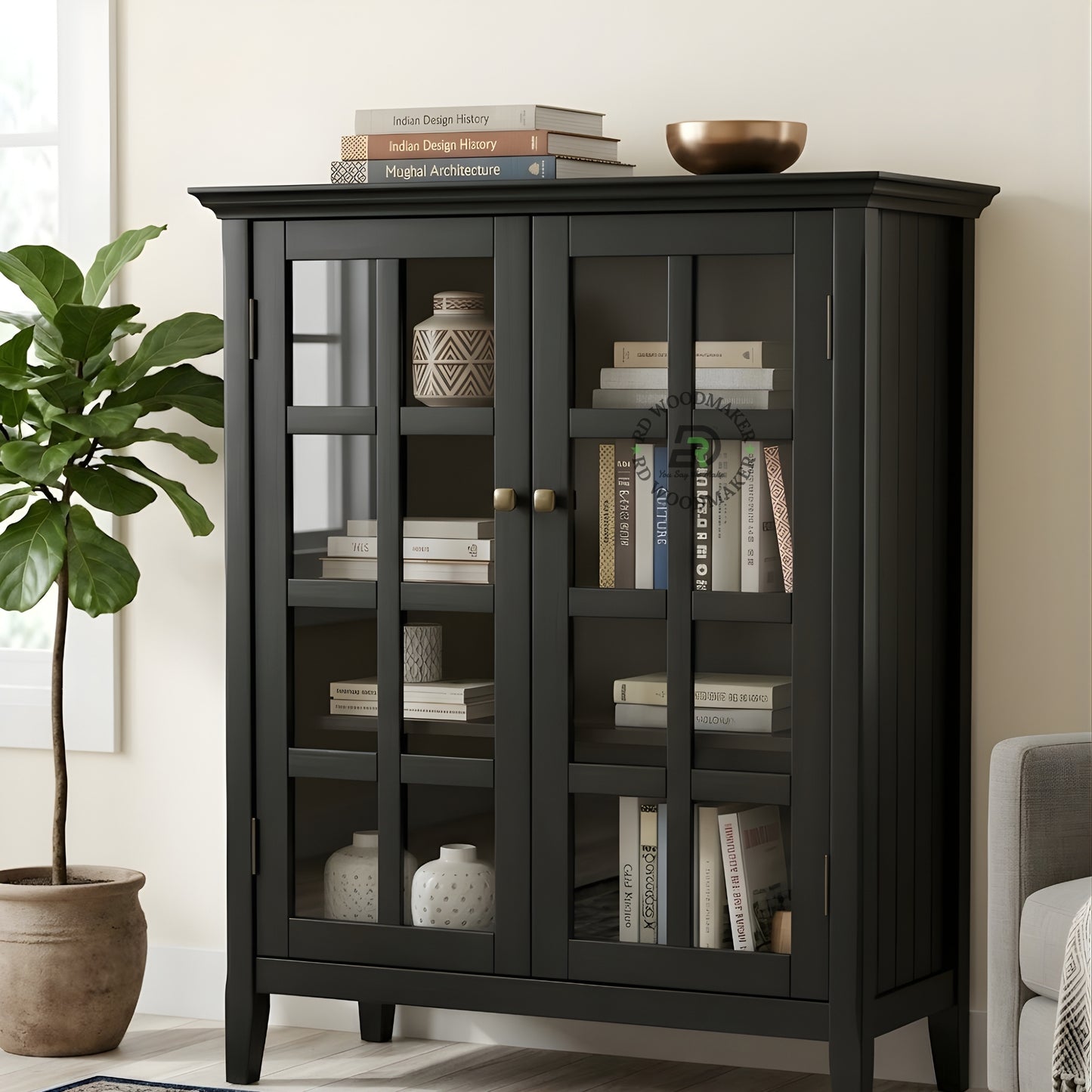 BLACK GRID GLASS DOOR DISPLAY CABINET
