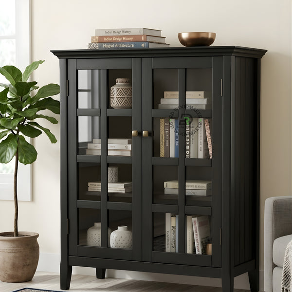 BLACK GRID GLASS DOOR DISPLAY CABINET