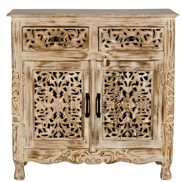 HANDCARVED VINTAGE DISTRESSED WOOD CABINET