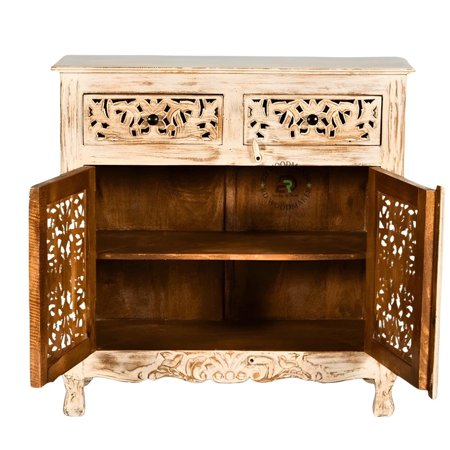 HANDCARVED VINTAGE DISTRESSED WOOD CABINET