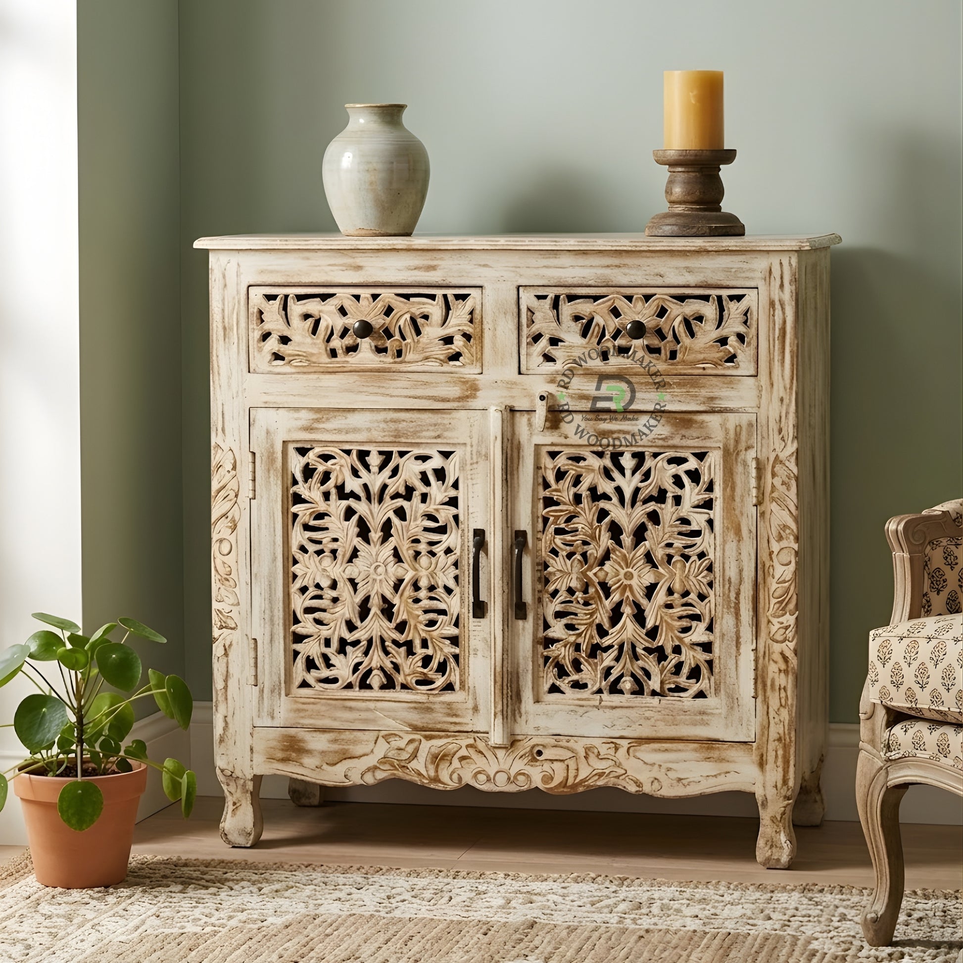 HANDCARVED VINTAGE DISTRESSED WOOD CABINET
