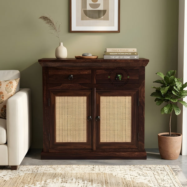 RATTAN PANEL DOUBLE DOOR WOOD CABINET