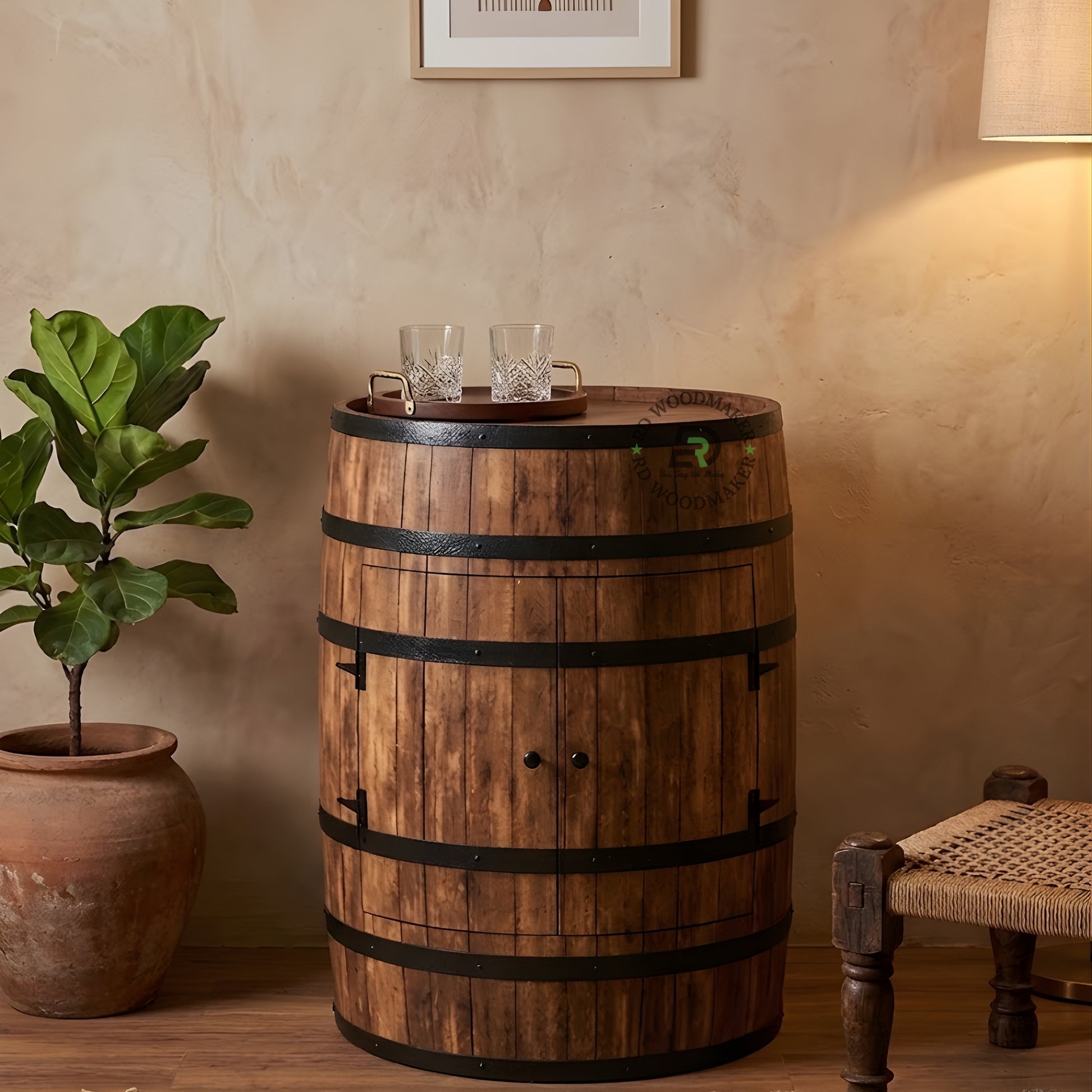 VINTAGE BARREL STYLE WOOD CABINET