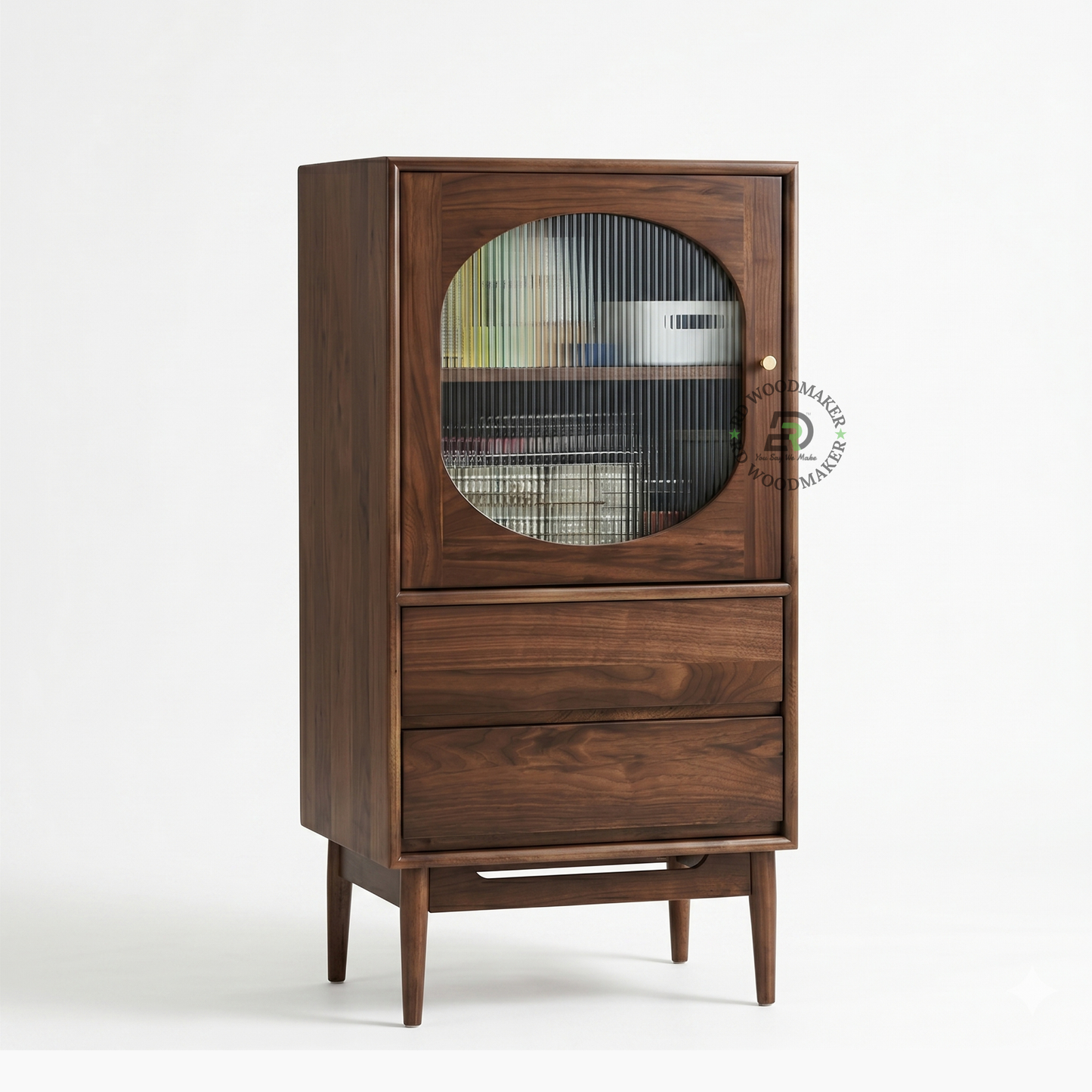MID-CENTURY WALNUT DISPLAY CABINET WITH DRAWERS