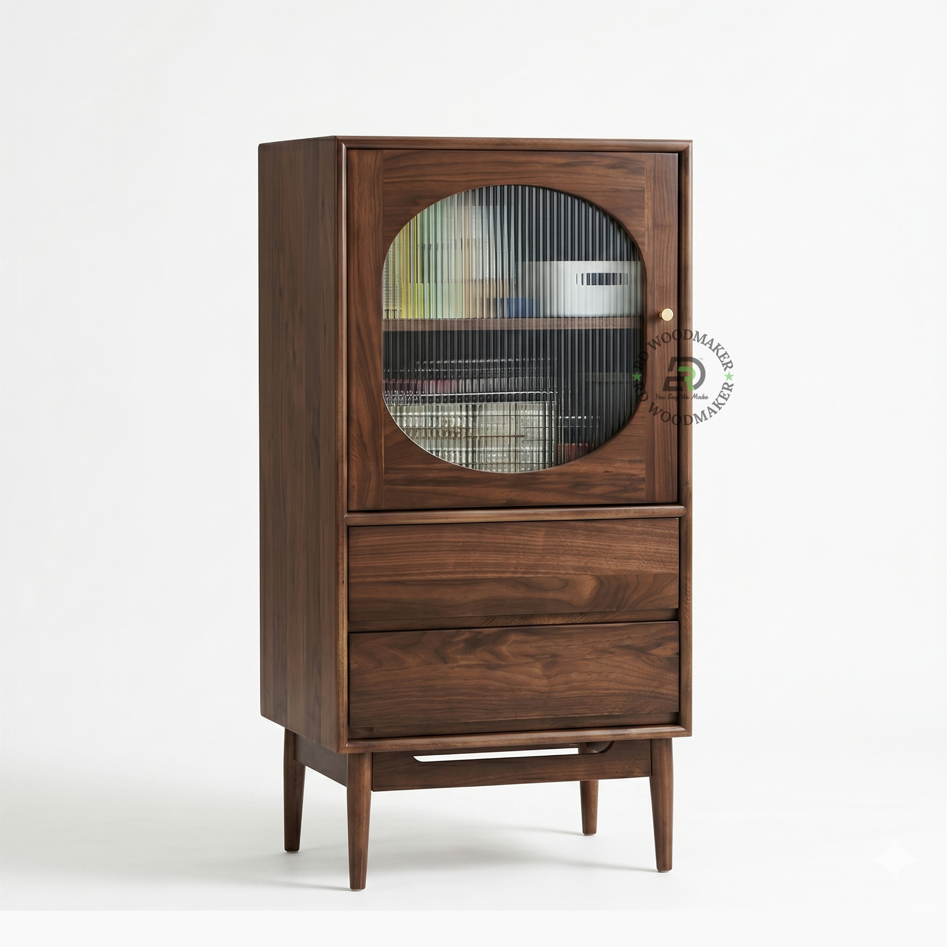 MID-CENTURY WALNUT DISPLAY CABINET WITH DRAWERS