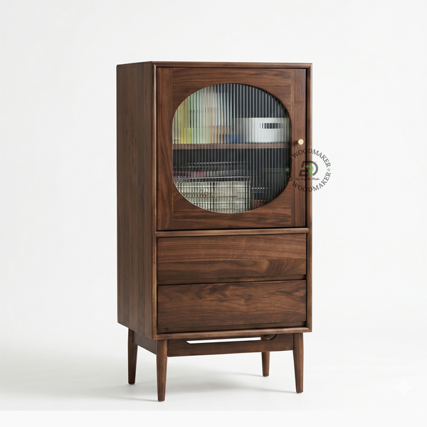 MID-CENTURY WALNUT DISPLAY CABINET WITH DRAWERS