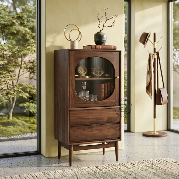 MID-CENTURY WALNUT DISPLAY CABINET WITH DRAWERS