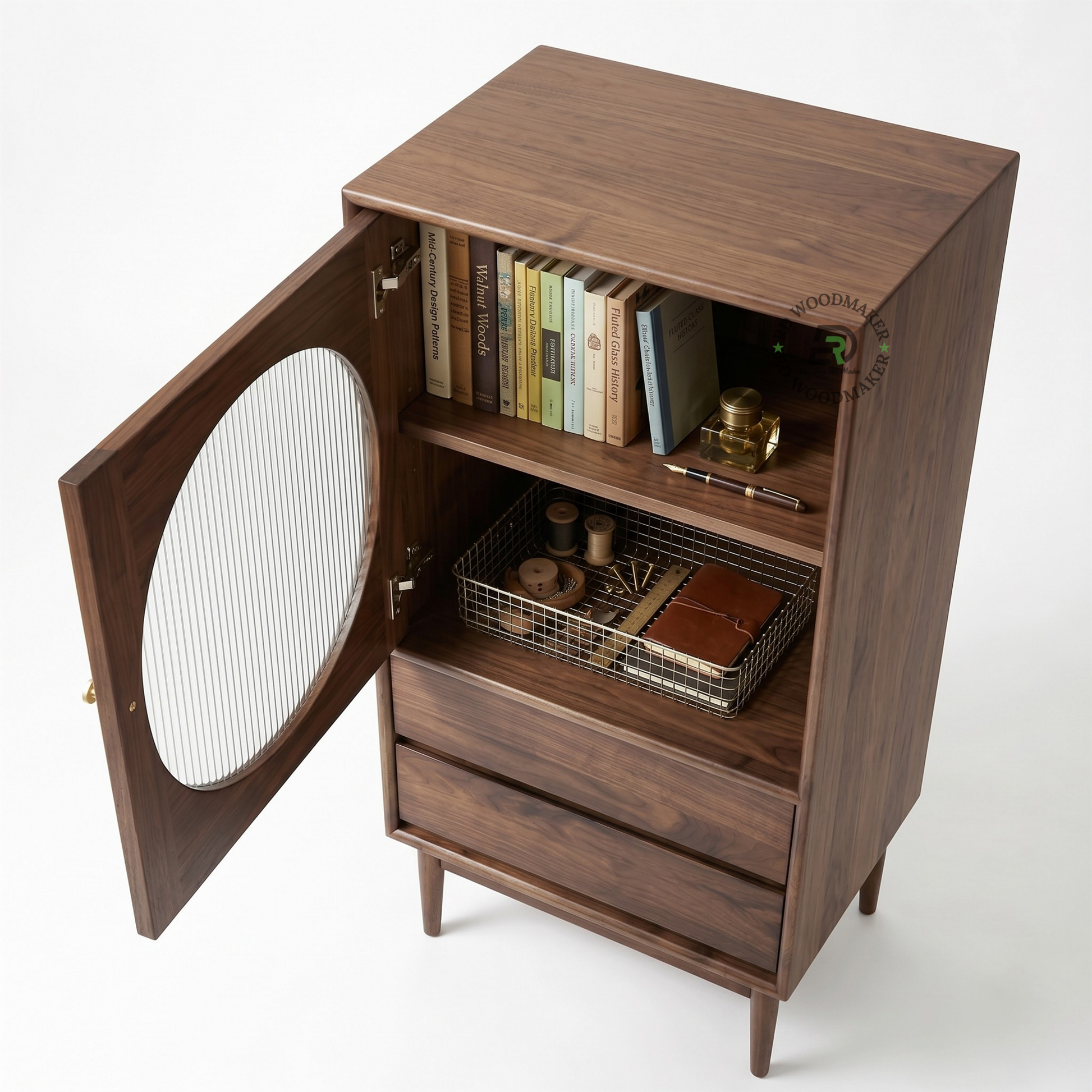 MID-CENTURY WALNUT DISPLAY CABINET WITH DRAWERS