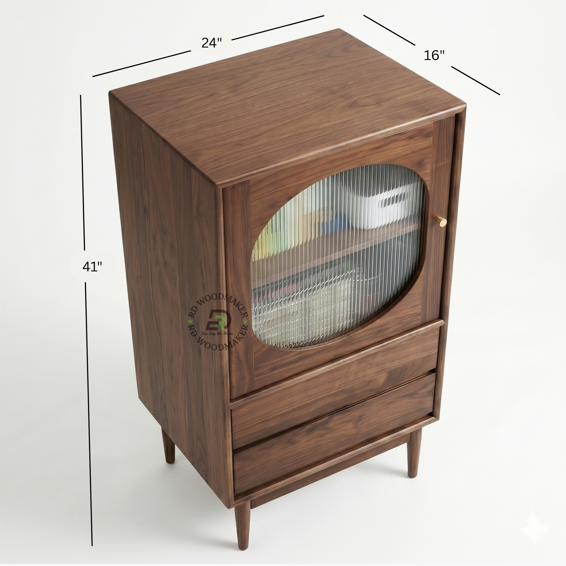 MID-CENTURY WALNUT DISPLAY CABINET WITH DRAWERS