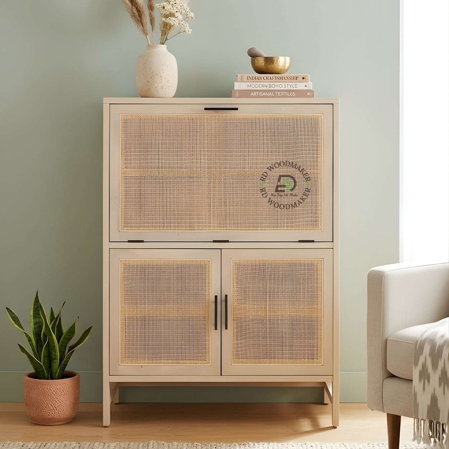 CANE PANEL DOUBLE DOOR WOODEN CABINET