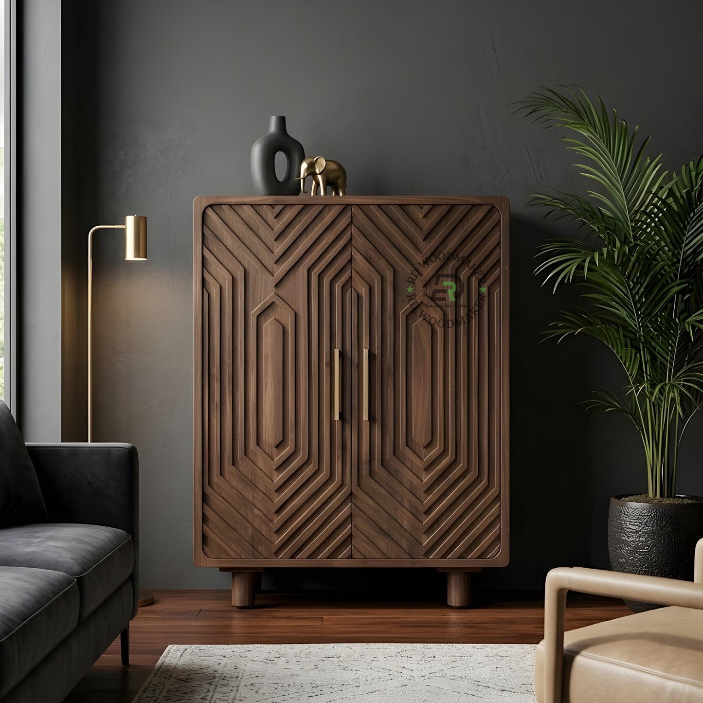  GEOMETRIC CARVED WOODEN CABINET