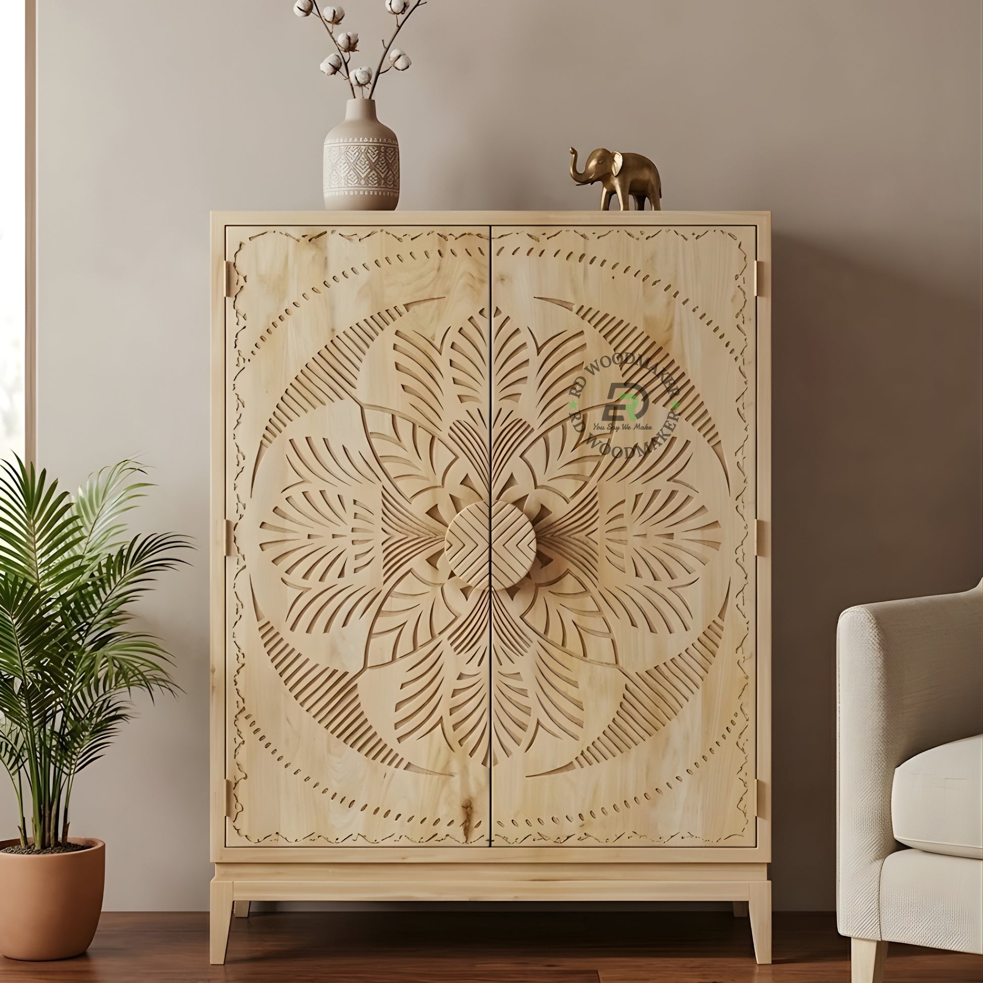 HANDCARVED FLORAL DESIGN WOODEN CABINET