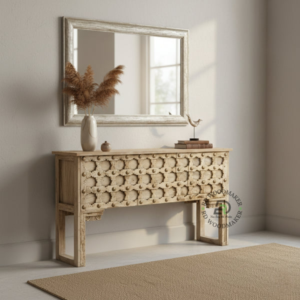 VINTAGE STUDDED HANDCARVED CONSOLE TABLE