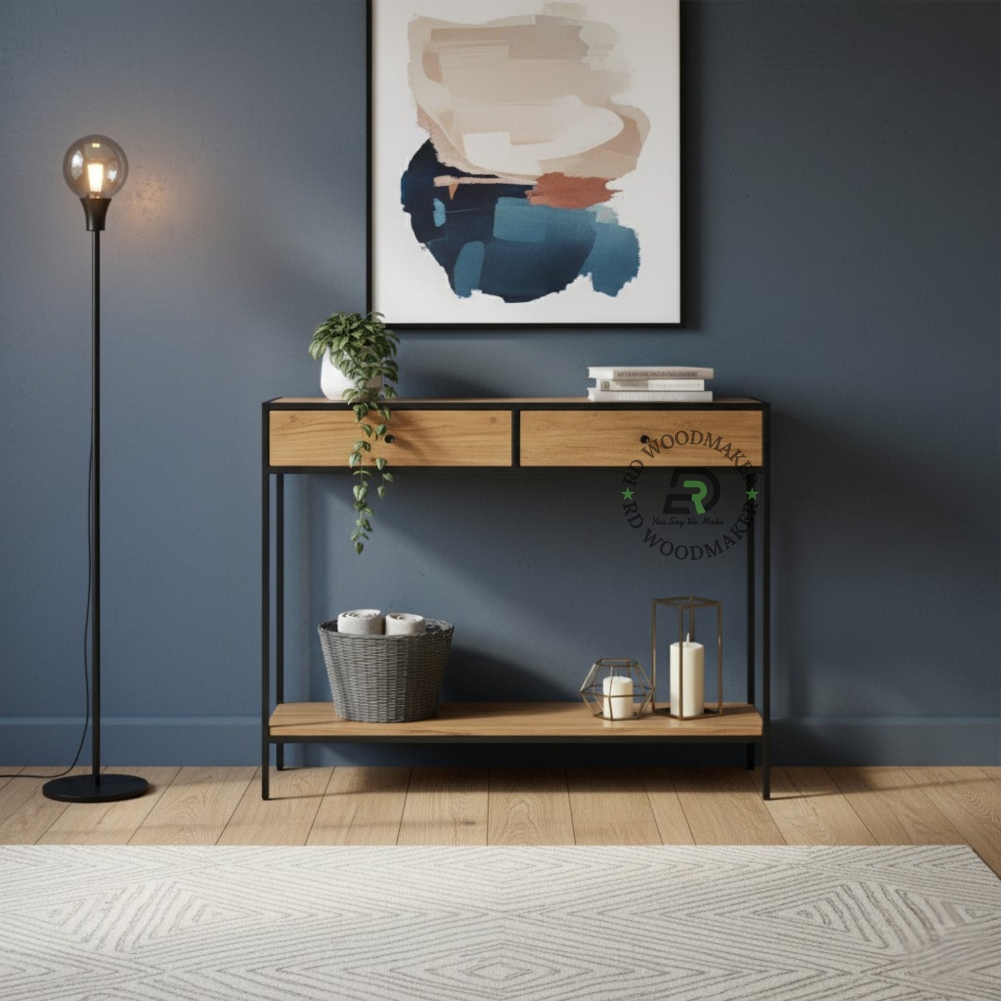 INDUSTRIAL DUAL DRAWER CONSOLE TABLE WITH SHELF