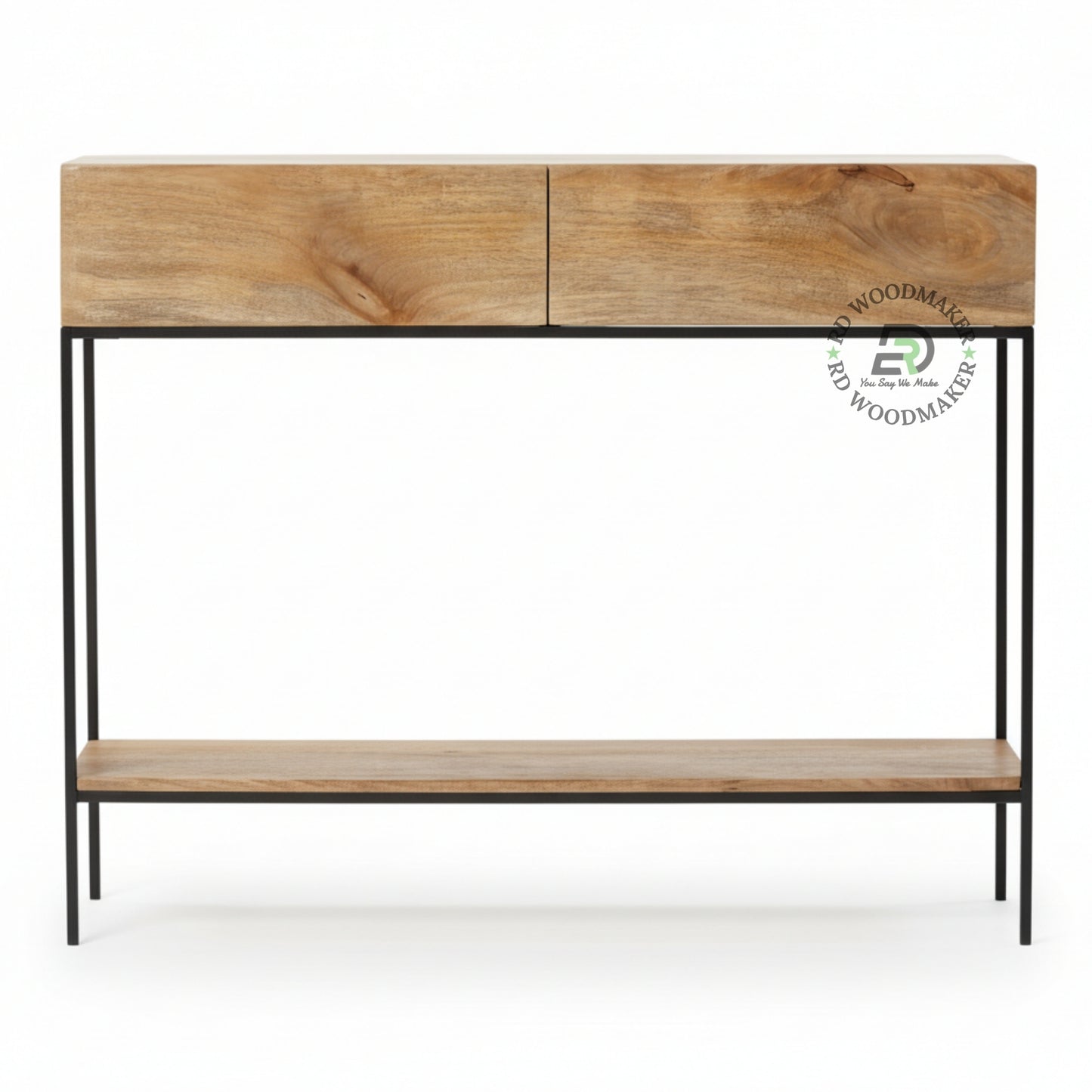 MINIMALIST SOLID WOOD CONSOLE TABLE WITH METAL FRAME & STORAGE