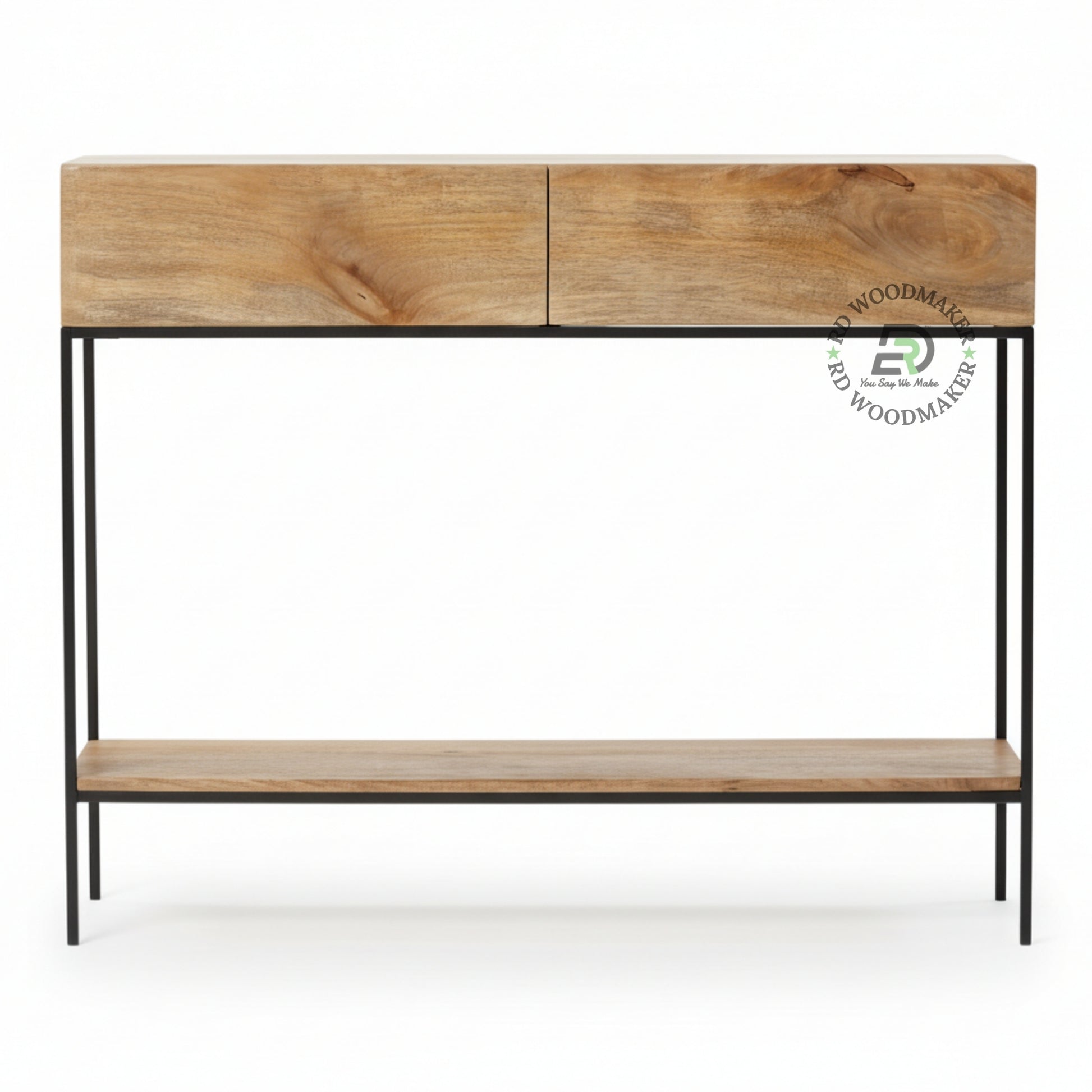 MINIMALIST SOLID WOOD CONSOLE TABLE WITH METAL FRAME & STORAGE