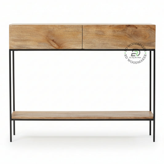 MINIMALIST SOLID WOOD CONSOLE TABLE WITH METAL FRAME & STORAGE