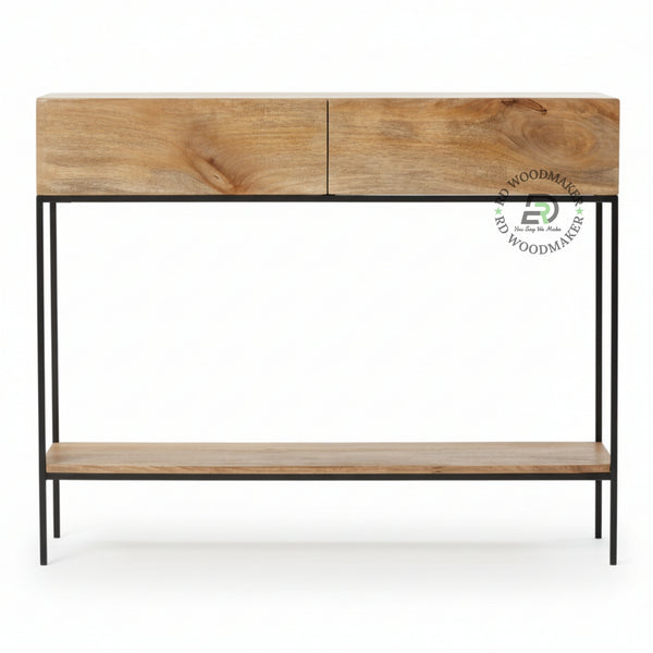 MINIMALIST SOLID WOOD CONSOLE TABLE WITH METAL FRAME & STORAGE
