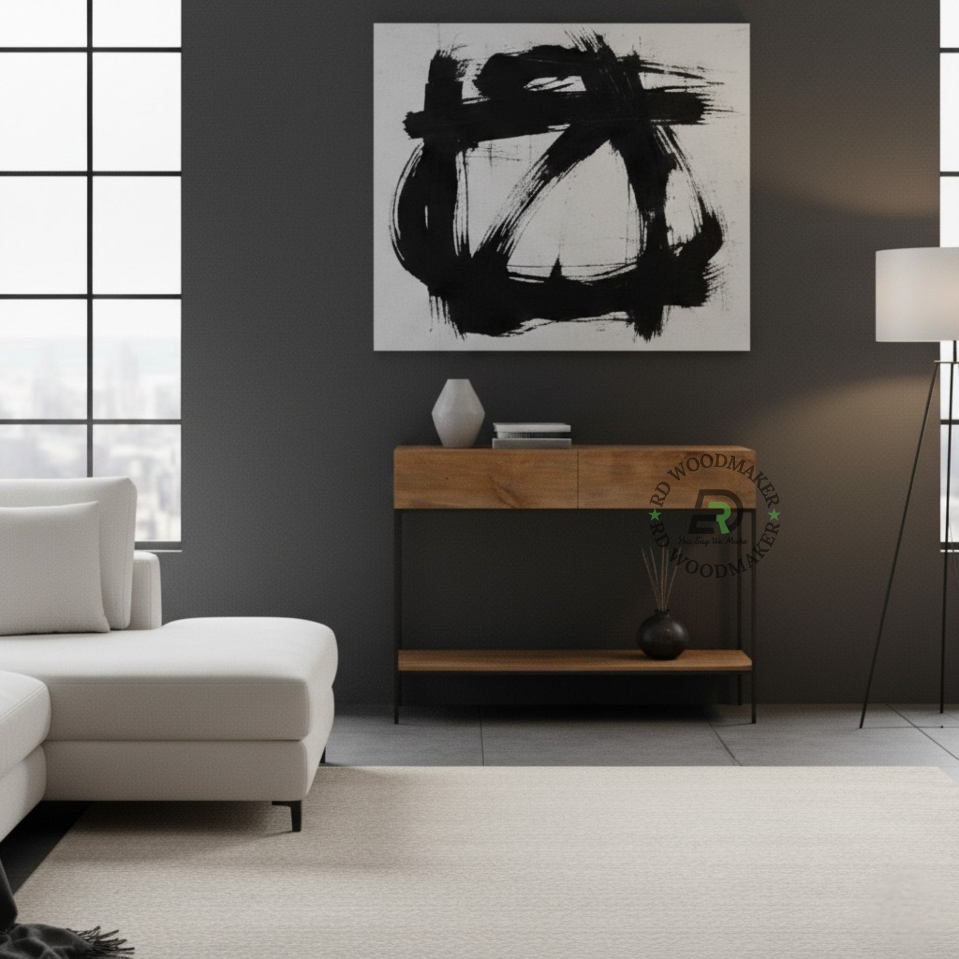 MINIMALIST SOLID WOOD CONSOLE TABLE WITH METAL FRAME & STORAGE