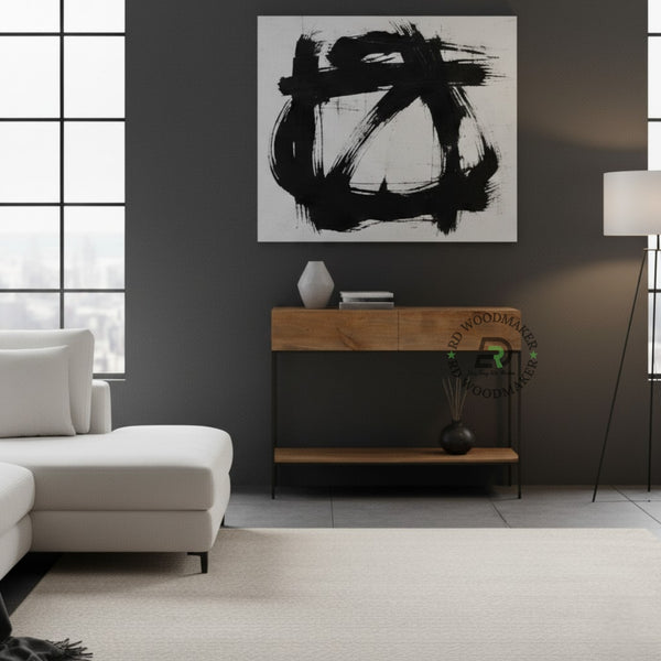 MINIMALIST SOLID WOOD CONSOLE TABLE WITH METAL FRAME & STORAGE