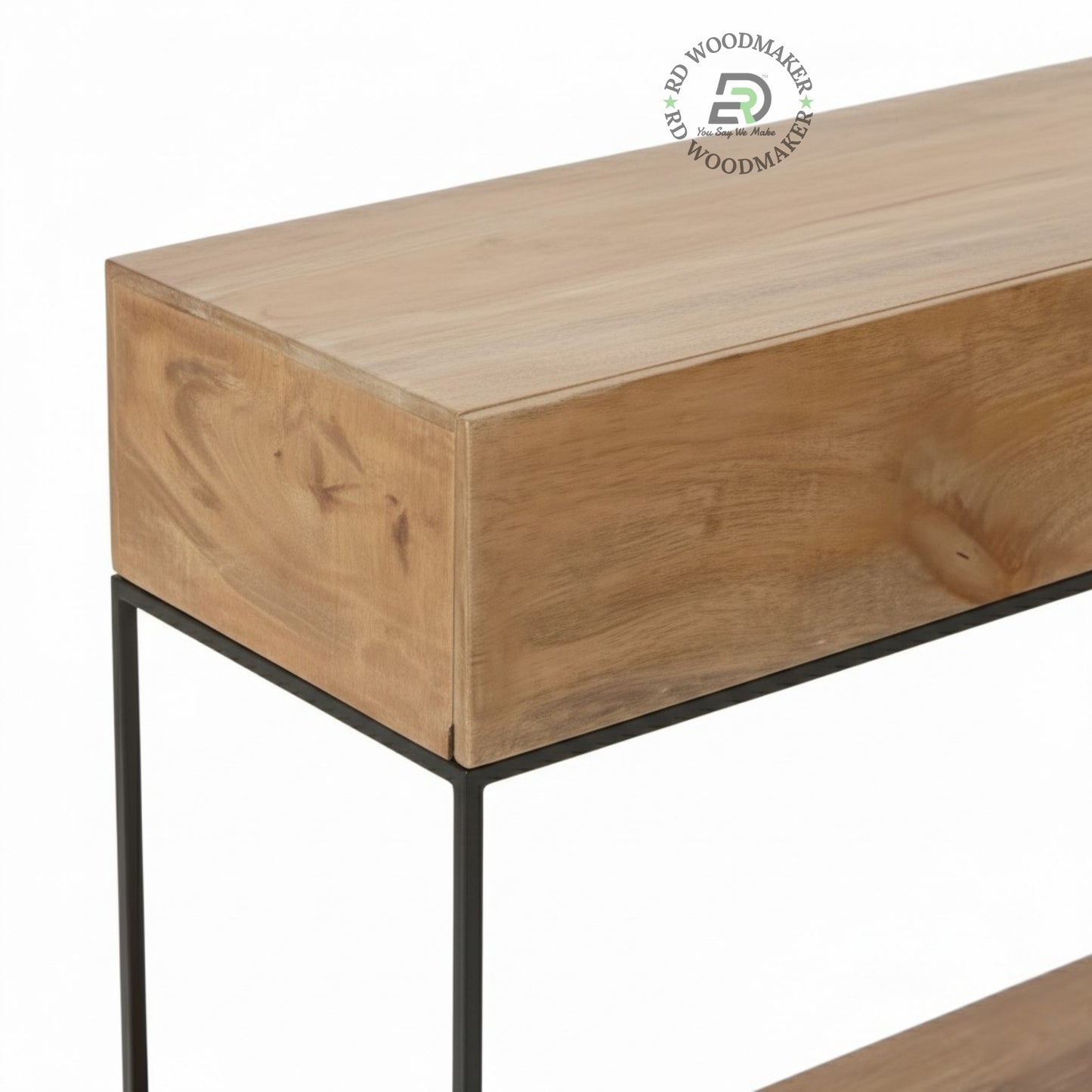 MINIMALIST SOLID WOOD CONSOLE TABLE WITH METAL FRAME & STORAGE