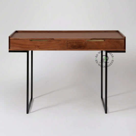 TRAY TOP SOLID WOOD CONSOLE TABLE WITH DRAWERS & METAL LEGS