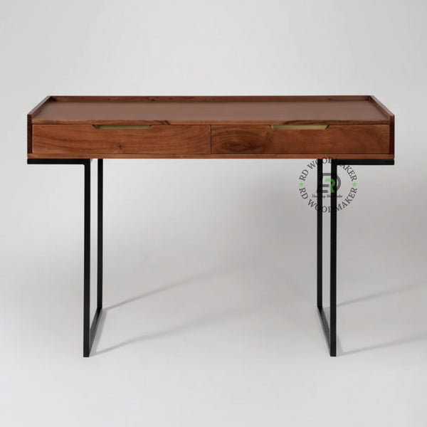TRAY TOP SOLID WOOD CONSOLE TABLE WITH DRAWERS & METAL LEGS