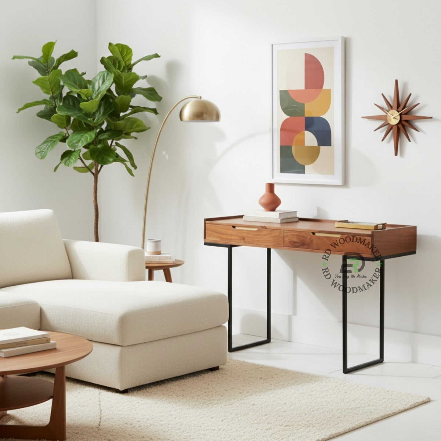 TRAY TOP SOLID WOOD CONSOLE TABLE WITH DRAWERS & METAL LEGS