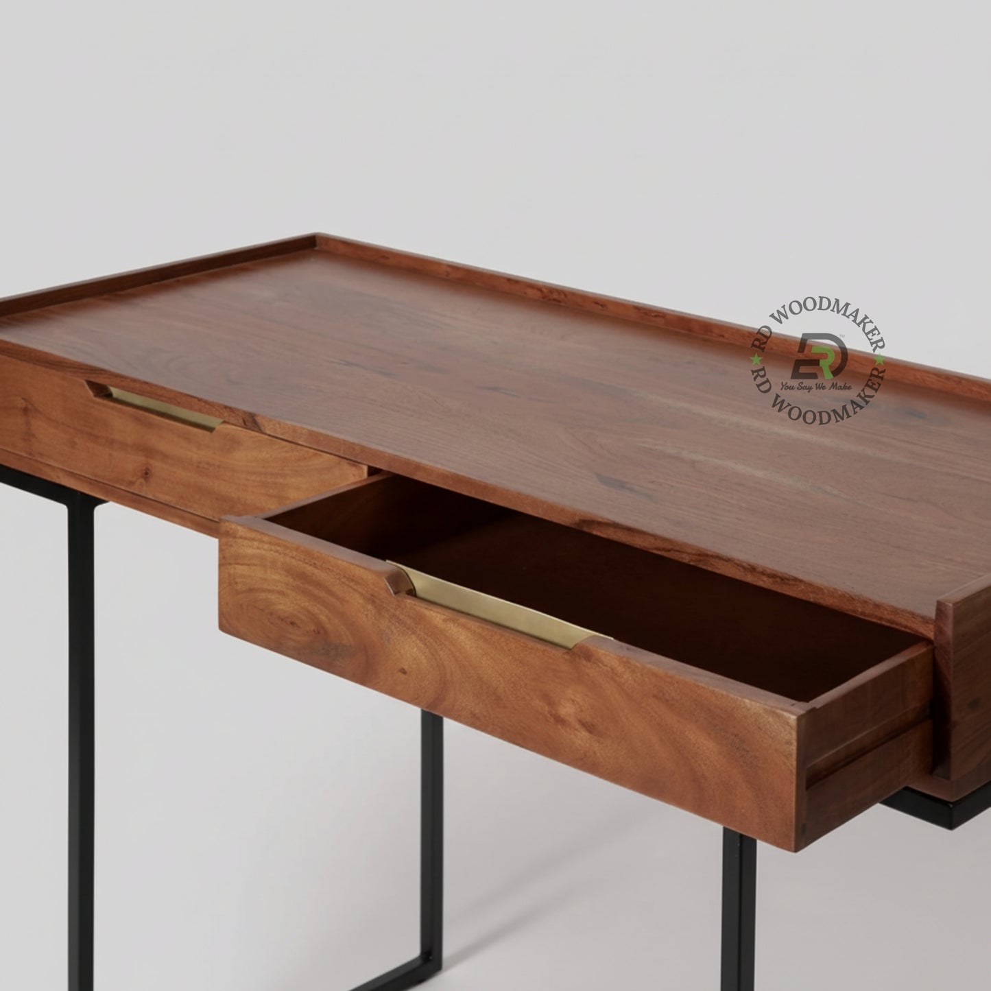 TRAY TOP SOLID WOOD CONSOLE TABLE WITH DRAWERS & METAL LEGS