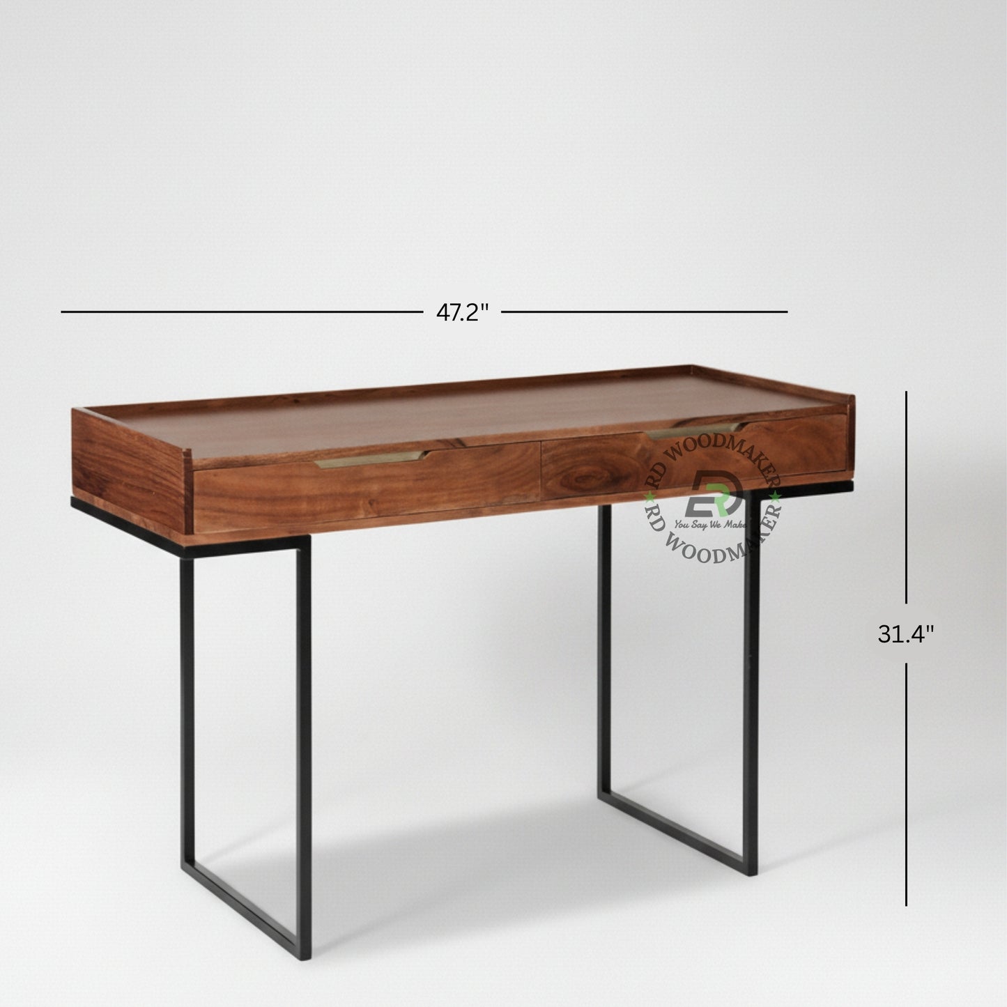 TRAY TOP SOLID WOOD CONSOLE TABLE WITH DRAWERS & METAL LEGS