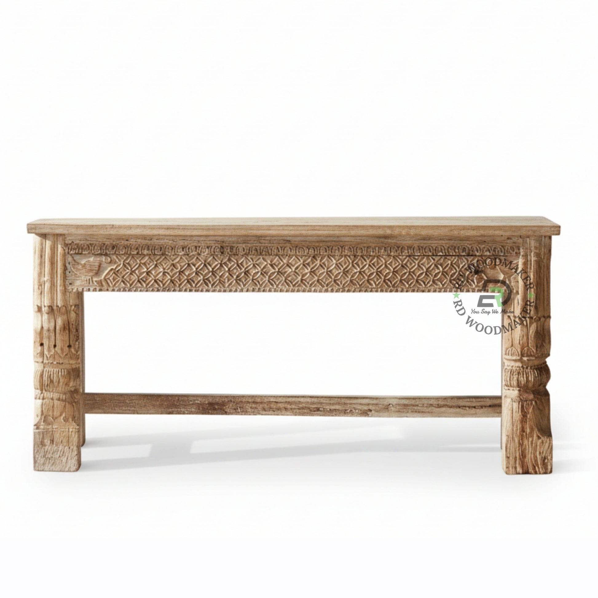 HANDCARVED HERITAGE WOOD CONSOLE TABLE WITH TEXTURED PANEL DESIGN
