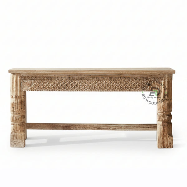 HANDCARVED HERITAGE WOOD CONSOLE TABLE WITH TEXTURED PANEL DESIGN
