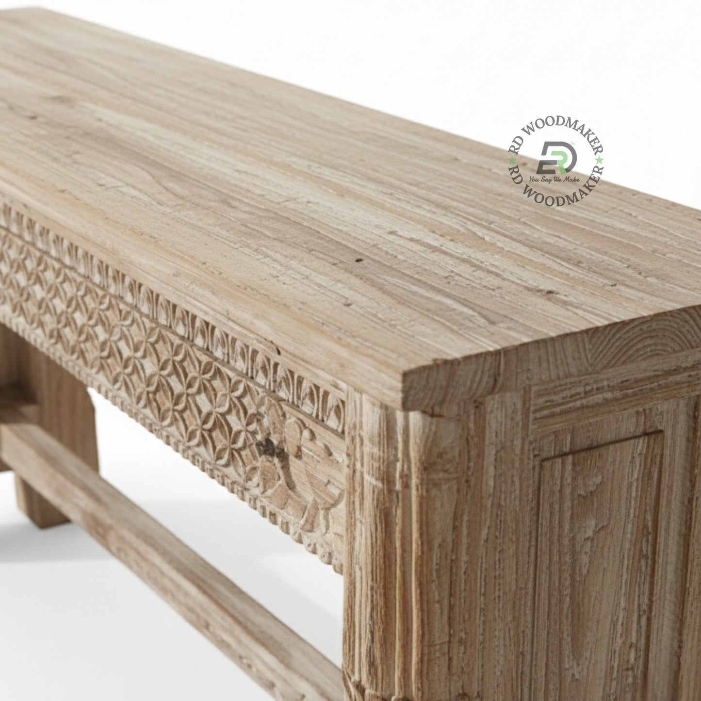 HANDCARVED HERITAGE WOOD CONSOLE TABLE WITH TEXTURED PANEL DESIGN
