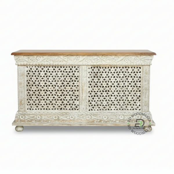 HANDCARVED JAALI WOOD CONSOLE CABINET WITH DISTRESSED WHITE FINISH