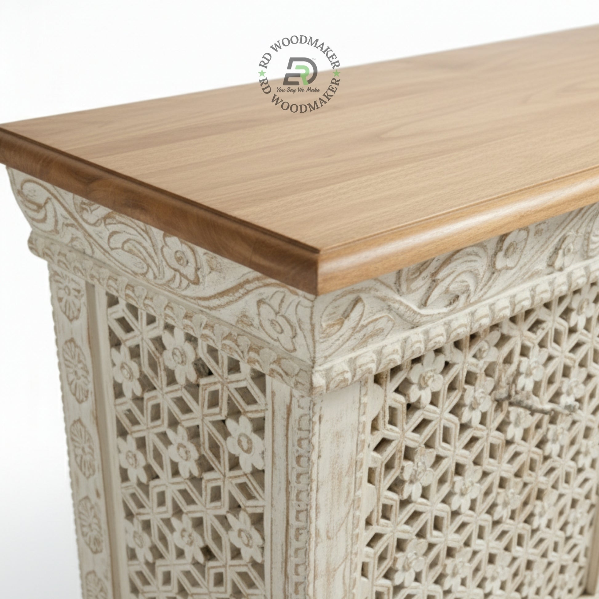 HANDCARVED JAALI WOOD CONSOLE CABINET WITH DISTRESSED WHITE FINISH