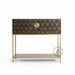 GEOMETRIC INLAY WOOD CONSOLE CABINET WITH GOLD METAL FRAME