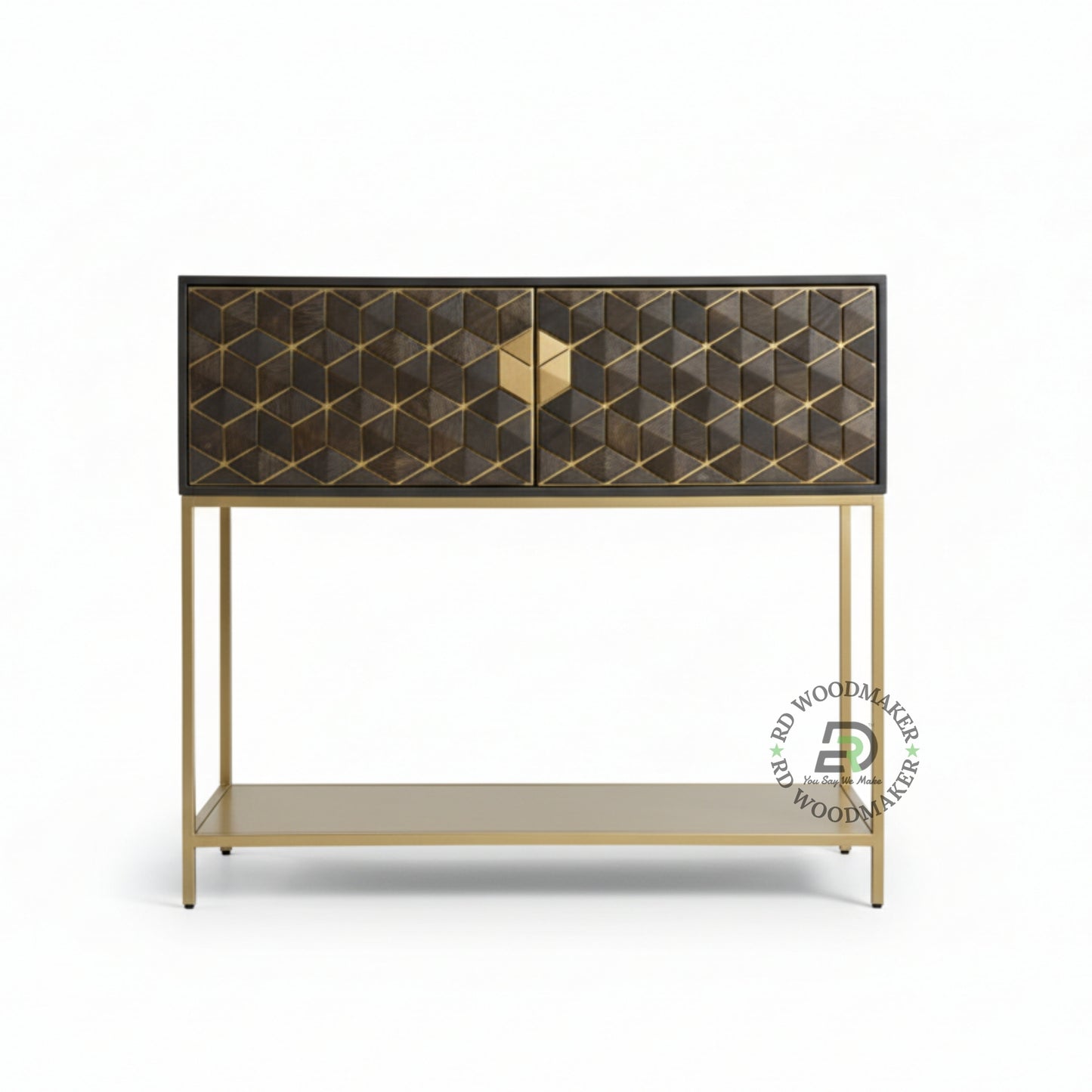 GEOMETRIC INLAY WOOD CONSOLE CABINET WITH GOLD METAL FRAME
