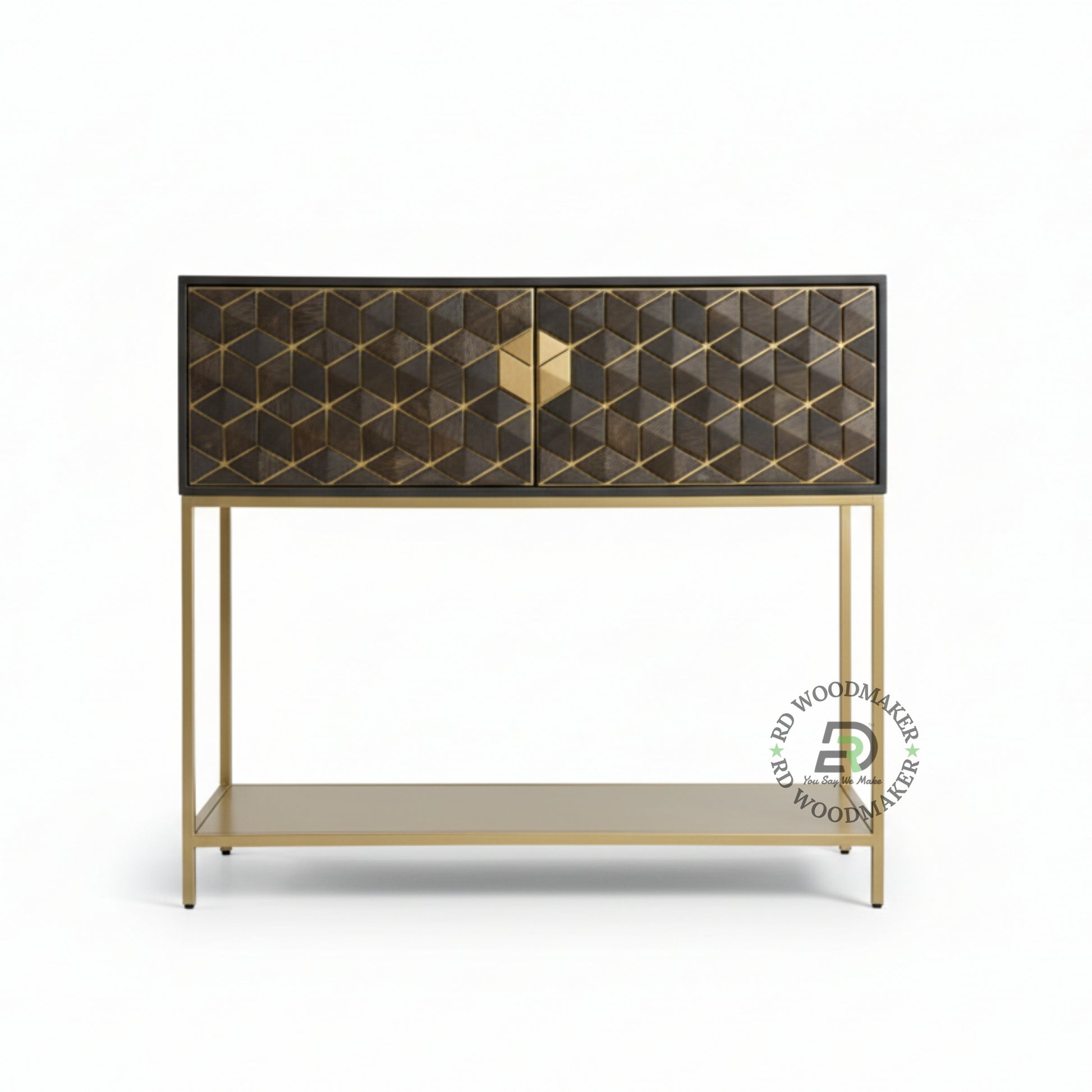 GEOMETRIC INLAY WOOD CONSOLE CABINET WITH GOLD METAL FRAME